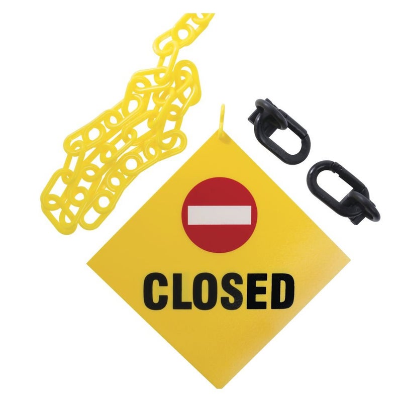 Mr. Chain Closed Sign Kit, Sign and 3-feet Yellow 2-Inch Chain (7403CL) 8" Height x 8" Width, 1 Count (Pack of 1) - Image 1